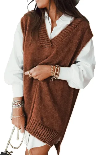 Vista 24 de EVALESS Chaleco Suéter de Gran Tamaño para Mujeres Cuello en V Sin Mangas Color Sólido Suéter Pullover Suelto 1 caqui.