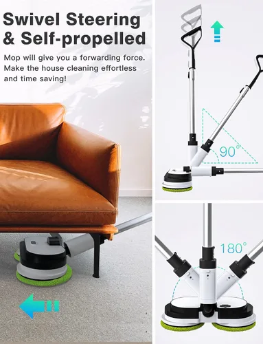 Vista 4 de Eous - Trapeador eléctrico inalámbrico, limpiador de suelo autopropulsado con faros LED y rociador de agua, limpiador giratorio de doble motor