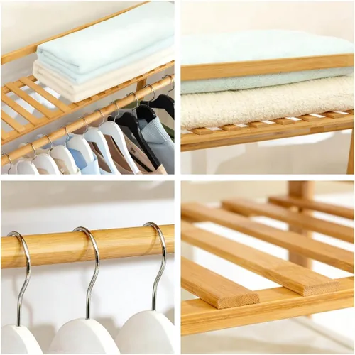 Vista 3 de Bamboo Clothing Garment Rack, Free Standing Clothes Coat Hanger, Closet Organizer w/Shoe Rack, Multi-tiered Wardrobe Storage Shelves, Clothes