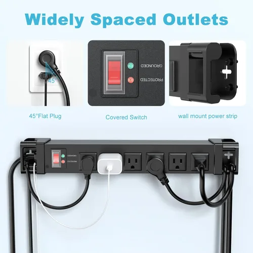 Vista 4 de HEZI IPX6 - Regleta de alimentación para exteriores resistente a la intemperie, 1200J, negro, 6 pies Tira de alimentación de metal, cable
