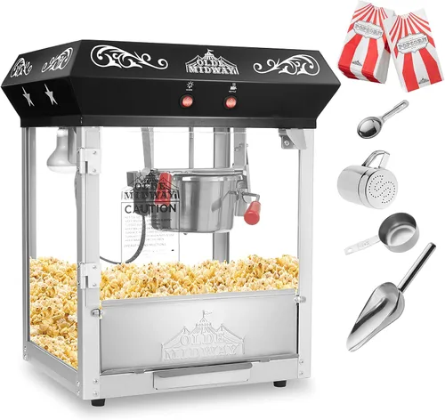 Vista 2 de Máquina de palomitas de maíz estilo bar Olde Midway, máquina de palomitas de maíz de 4 onzas, negra Negro