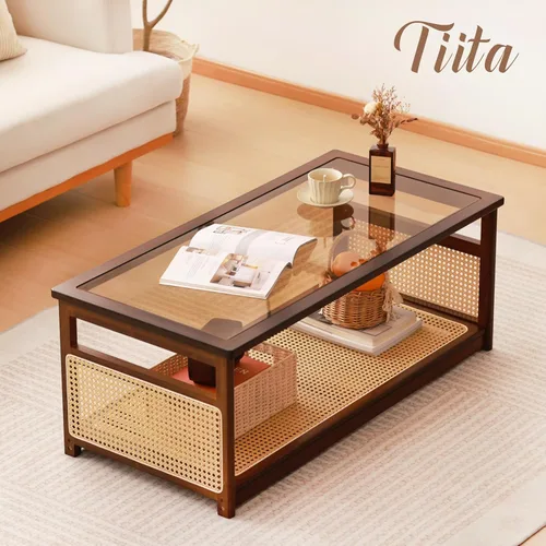 Vista 5 de Mesa de centro de bambú, parte superior de cristal, almacenamiento de ratán, almacenamiento de 2 niveles, color marrón Rectangular Center Table