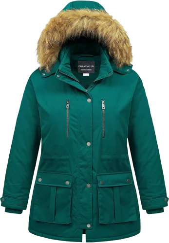 Vista 14 de CREATMO US Abrigo de invierno para mujer, talla grande, impermeable, chaqueta puffer larga, cálida, militar, gruesa, parka con capucha de piel Gris