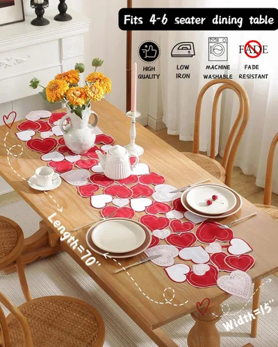 Vista 7 de Decoración del día de San Valentín, camino de mesa para el día de San Valentín, 70 pulgadas de largo, decoración de corazón bordado para el hogar