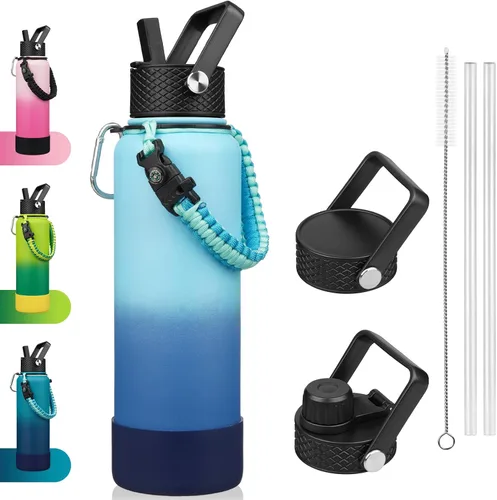 Vista 11 de BJPKPK - Botella de agua con tapa de popote, botellas de agua aisladas de 18 onzas con 3 tapas, asa de cuerda de paracaídas y base antideslizante