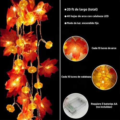 Vista 5 de Temporizador - Paquete de 2 guirnaldas de otoño con luces de calabaza que