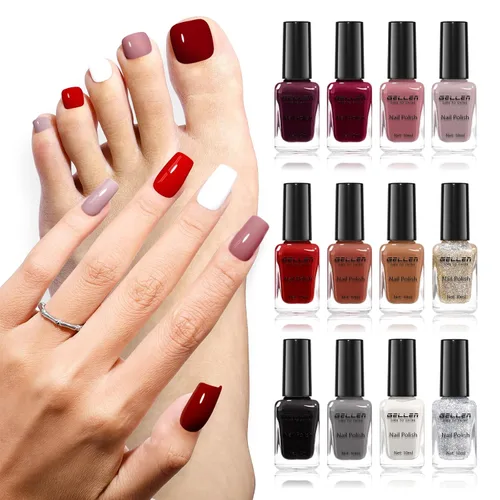 Vista 13 de GELLEN Juego de Esmalte de Uñas en 4 Colores Negro, Blanco, Gris & Base y Capa Superior, Esmalte de Uñas de Tendencia Otoño/Invierno Negro, Blanco
