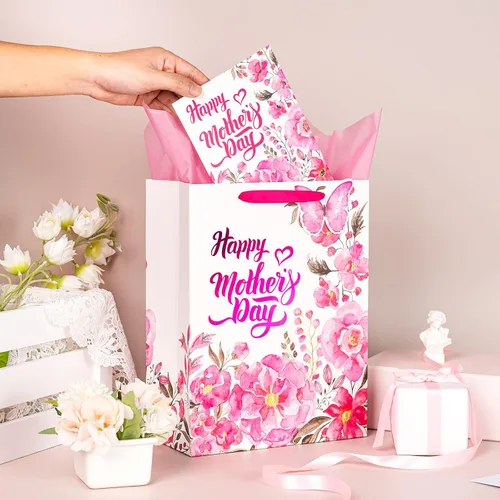 Vista 4 de LeZakaa Bolsa de regalo para el día de la madre, letras del día de la madre, diseño floral rosa, mariposa y papel de aluminio rosa, bolsa de regalo
