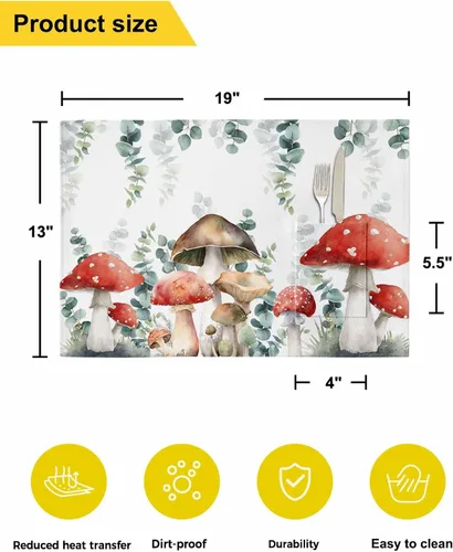 Vista 4 de Mushroom Eucalyptus Table Placemats for Dining Table Set of 6,Cotton Linen Cloth Kitchen Place Mats with Pocket,Washable Burlap