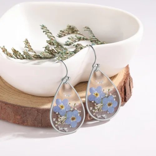 Vista 2 de Forget-Me-Not and Queen Anne's Lace Pressed Wildflower Earrings Pressed Flower Earrings Handmade Drop and Dangle Earrings Gift for Woman