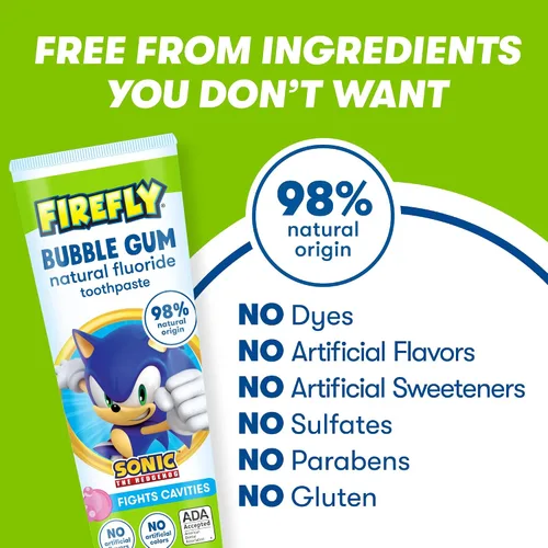 Vista 4 de Firefly Pasta dental con flúor natural anticaries para niños, Sonic the Hedgehog, sabor a chicle, aceptada por ADA, 4.2 onzas