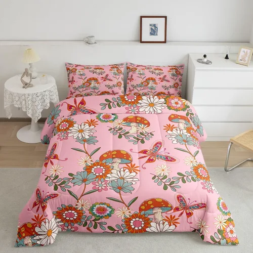 Vista 26 de Lindo juego de edredón de flores para niños y mujeres. Juego de ropa de cama de flores coloridas de dibujos animados, tamaño individual, bonito