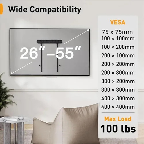Vista 5 de SCRUBY TV Wall Mount for 26-55 Inch TV up to 50kg, No Drill Low Profile TV Mount, Easy Install Wall Mount TV Bracket, Max VESA 400x400m