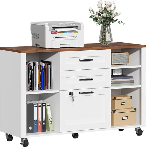 Vista 9 de Semoic Archivador de 2 cajones con cerradura, archivador lateral móvil para tamaño carta/legal/A4, estante ajustable de almacenamiento abierto