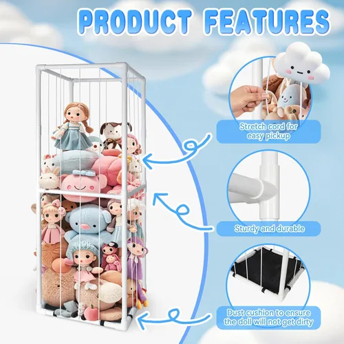 Vista 2 de Almacenamiento de Zoológico de Animales de Peluche - Organizador Alto de Juguetes de Material PVC con Cordones Elásticos y Estante, Casa
