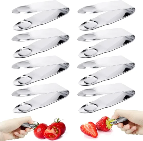 Vista 8 de 4 piezas de acero inoxidable fresa Huller, removedor de tallo de fruta, herramienta de cocina para bayas de tomate cherry, plata
