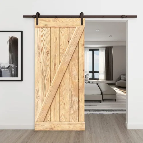 Vista 2 de Puerta corrediza interior de madera de pino anudada cepillada serie Z con kit de herrajes (acabado de madera, 24 x 84 pulgadas)