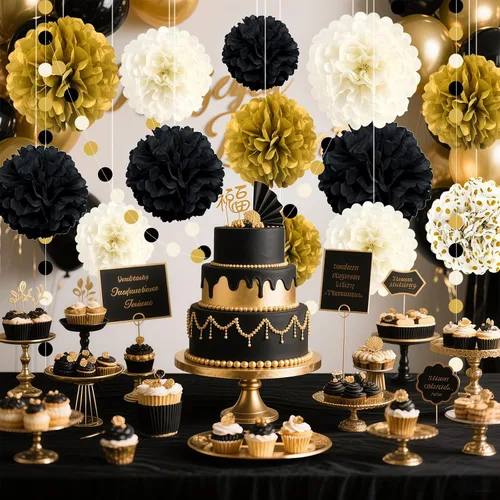 Vista 5 de Decoraciones de fiesta negras y doradas, 16 piezas de pompones de papel de seda, kit de guirnalda de papel para fiesta de Año Nuevo, graduación