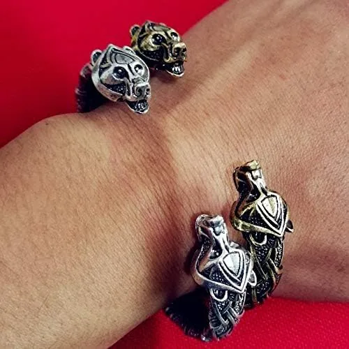 Vista 3 de Pulsera de cuervo vikingo de Odin's Ravens Hugin & Munin Wolf Berserker brazalete bolsa de joyería
