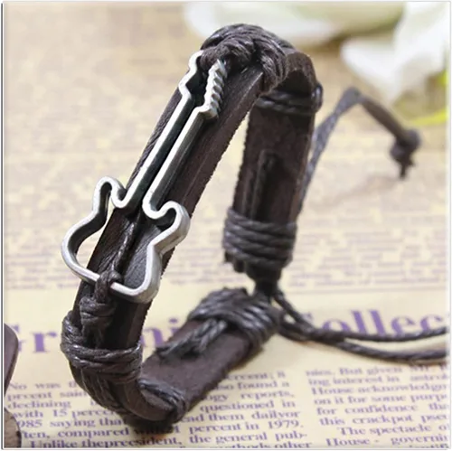 Vista 3 de Xusamss Punk aleación guitarra patrón cuero cordón cuerda pulsera