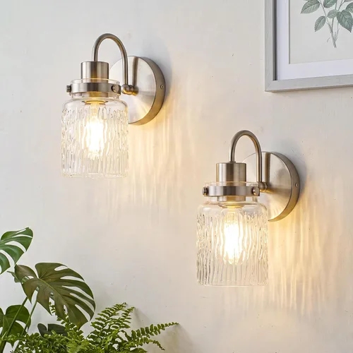 Vista 15 de 2 luces de tocador de baño, lámparas de baño de níquel cepillado con pantalla de vidrio martillado para tocador, sobre espejo, pasillo