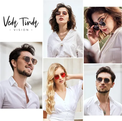 Vista 2 de Veda Tinda Vision Lentes de sol redondos pequeños vintage para mujer, clásicos, retro, con protección UV, cadena