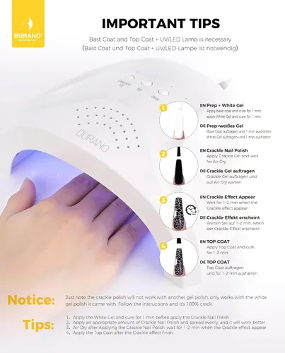 Vista 6 de BURANO Juego de esmaltes de uñas de gel Crackle - Blanco y negro, secado al aire y lámpara LED necesaria