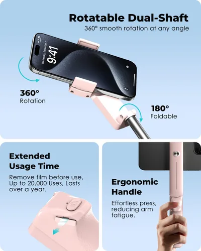 Vista 4 de Viozon Palo Selfie Portátil, Tubo Extensible Ligero de Acero Inoxidable, Palo Selfie Compacto Todo en Uno con Control Remoto Inalámbrico Compatible