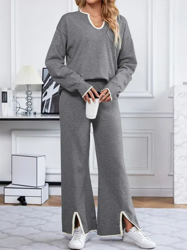 Vista 8 de SuperPrity Conjunto de 2 piezas de suéter para mujer, con cuello de muesca, manga larga, suéter de punto y pierna ancha