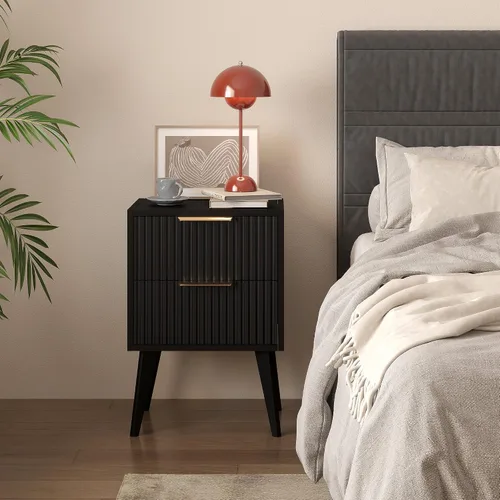 Vista 4 de YAUKOMEL Mesita de noche negra pequeña, mesita de noche moderna de mediados de siglo, mesita de noche con 2 cajones, mesa auxiliar acanalada