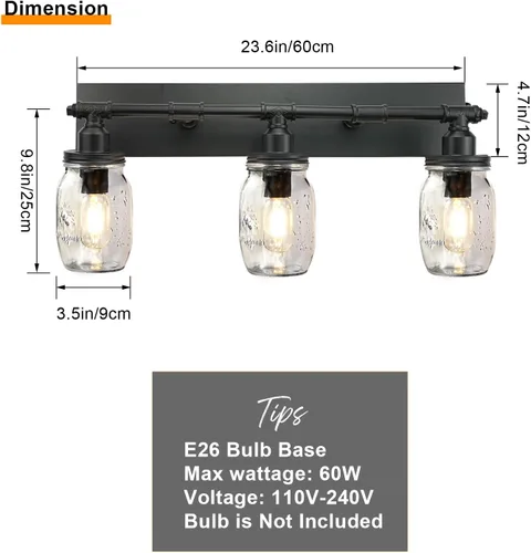 Vista 3 de Lámpara de pared para baño, lámpara industrial de tarro de masón, aplique de pared con acabado negro (3 luces)