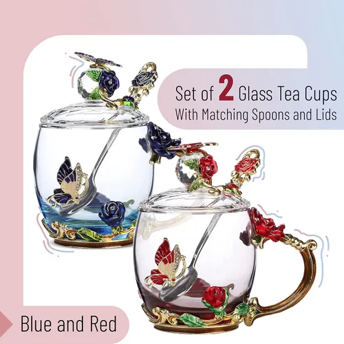 Vista 2 de BTaT- Juego de tazas de té de vidrio floral con tapas y cuchara, paquete de 2, 11 onzas, azul y rojo, diseño de flores con caja de regalo, tazas