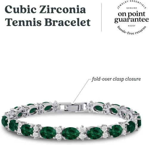 Vista 5 de KEZEF CZ Tennis Bracelet - Oval 7x5 CZ & Round 2.50mm White CZ - Silver over Brass - 7 Inch