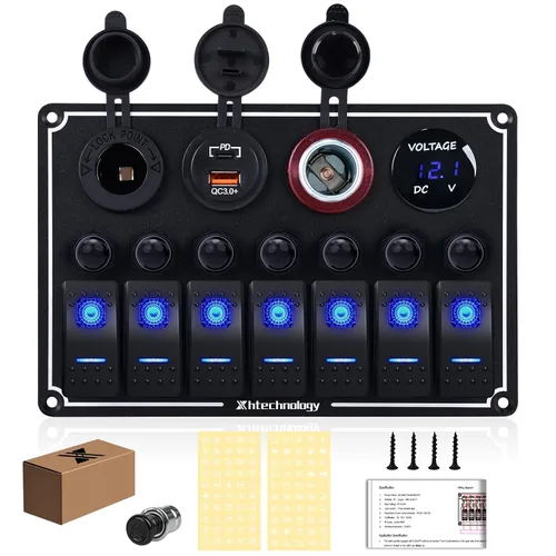 Vista 13 de Panel de interruptores de barco marino de 5 posiciones con cargador USB dual y voltímetro, panel de interruptores basculantes de aluminio