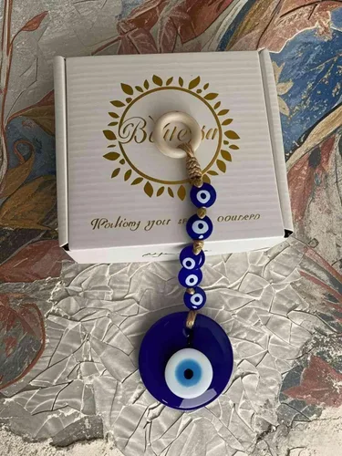 Vista 6 de Amuleto de cristal azul de 7.9 pulgadas con amuleto turco griego de nazar de buena suerte, adorno colgante hecho a mano para el hogar, oficina