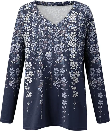 Vista 2 de Blusas de manga larga para mujer, blusas estampadas, blusas de moda para descansar, blusas casuales tipo túnica de ajuste holgado con cuello en V