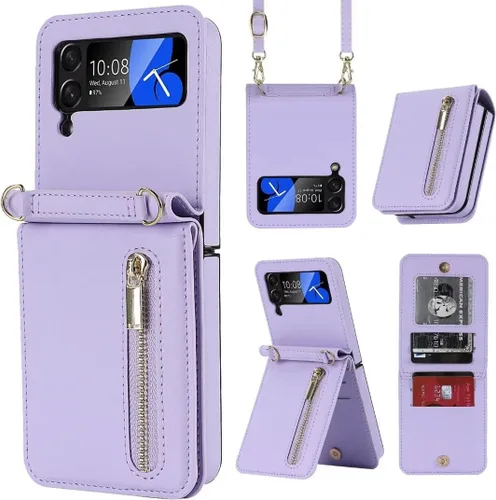 Vista 10 de Funda de lujo con cremallera para Samsung Galaxy Z Flip 3, con función atril, tarjetero ajustable, correa cruzada ajustable, funda con tapa a
