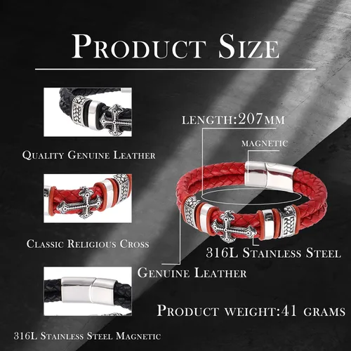 Vista 6 de Raymard Pulsera de cuero de doble fila cristiana para hombre - negrorojodorado y azul marino trenzado pulsera para hombres