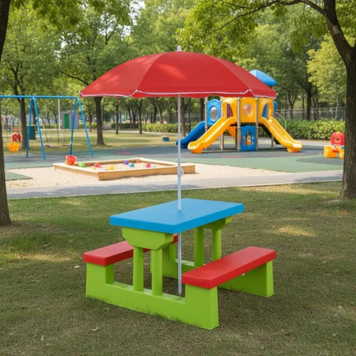 Vista 8 de KOTEK Juego de mesa de picnic para niños, mesa y banco para niños al aire libre con paraguas extraíble, muebles de plástico para niños, mesas