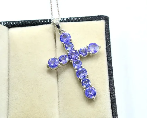 Vista 3 de Collar con colgante de cruz sagrada de plata de ley 925 de tanzanita natural de 0.197in, piedra natal de diciembre, joyería de tanzanita, regalo