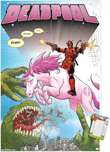 Vista 11 de Marvel Comics Deadpool - Póster de pared de unicornio, 22.4 pulgadas de largo x 14.7 pulgadas de ancho, versión enmarcada de madera de granero