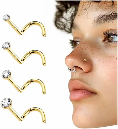 Vista 9 de 4 piezas de anillos de nariz de 20G bañados en oro de 14K para mujeres y hombres, anillos de nariz en forma de L, joyería hipoalergénica