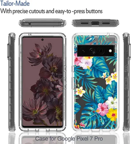 Vista 5 de Funda para Pixel 7 Pro/Google 7 Pro, funda protectora de TPU transparente floral a prueba de golpes para Google Pixel 7 Pro (flores y hojas)