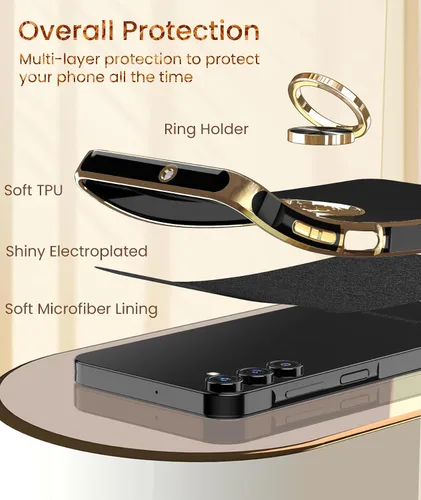 Vista 5 de Dretal Funda para Samsung Galaxy A15 5G, protector de pantalla, soporte de anillo giratorio de 360°, soporte magnético, borde dorado plateado, funda