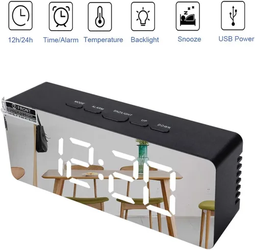 Vista 2 de Reloj despertador digital, pantalla LED grande con espejo con función de repetición, brillo ajustable, adecuado para el hogar, dormitorio, sala