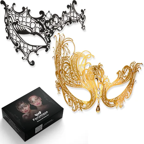 Vista 20 de Masquerade Mask for Couples Women and Men - 3 Pack Venetian Gold and Black Lace, Mardi Gras Mask