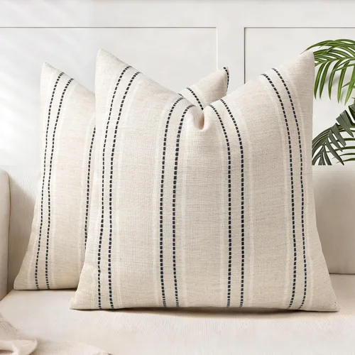Vista 9 de AELS Fundas de Almohada Decorativas de Lino Estilo Granja de 16x16, Funda de Almohada con Textura Boho, Juego de 2, Beige con Rayas de Hilo Teñido