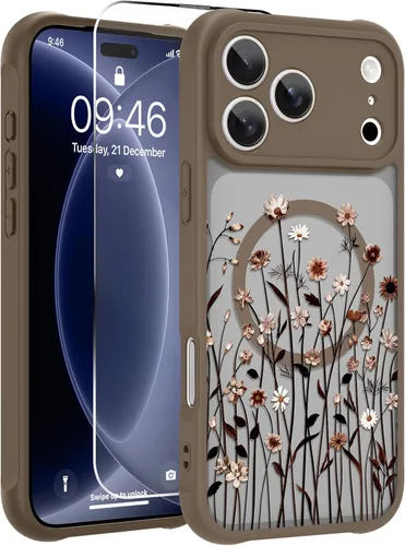 Vista 67 de OOK Funda magnética para iPhone 13 Pro Max [compatible con MagSafe] Funda delgada translúcida mate con flor silvestre negra, protección para lente