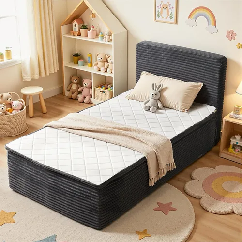 Vista 11 de Base de cama matrimonial sin hueso con cabecera de colchón, cama sin Beige