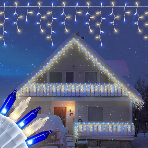 Vista 11 de 200 luces de carámbanos de Navidad, blanco cálido, cable blanco de 23 pies de largo